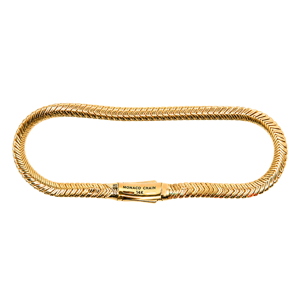 Pulsera Mónaco Chain Original Panza de Víbora Espiga 17 cm 5mm de grosor. Broche con Circonias, Oro 14k