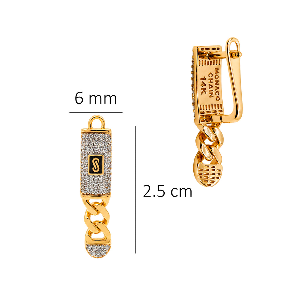 Arete Mónaco Chain Original 2.5 cm Broche Diamantado con Colgante de Cadena Cubana, Oro 14k