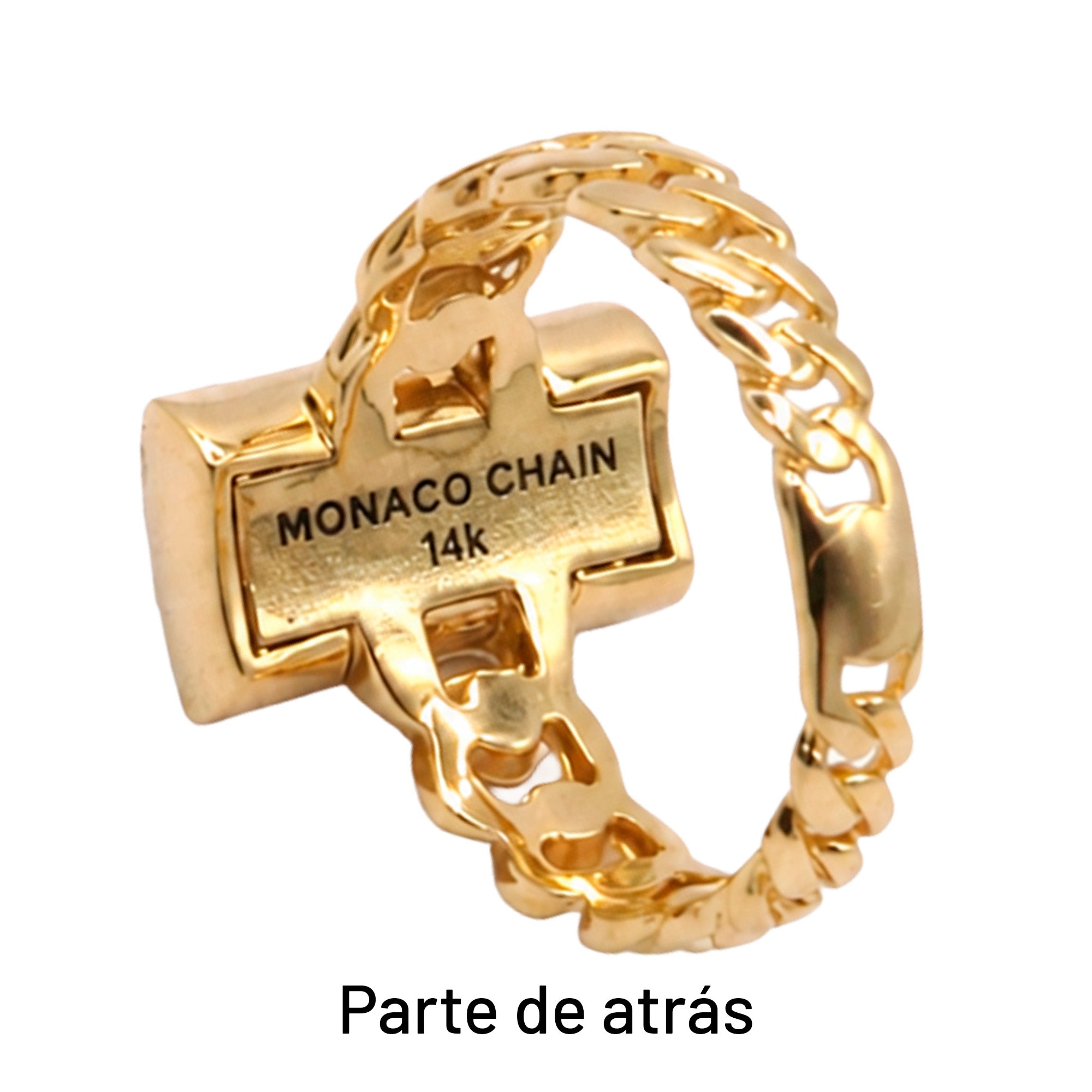 Anillo Mónaco Chain Original Cadena Cubana con Rectángulo Circonias, Oro 14K