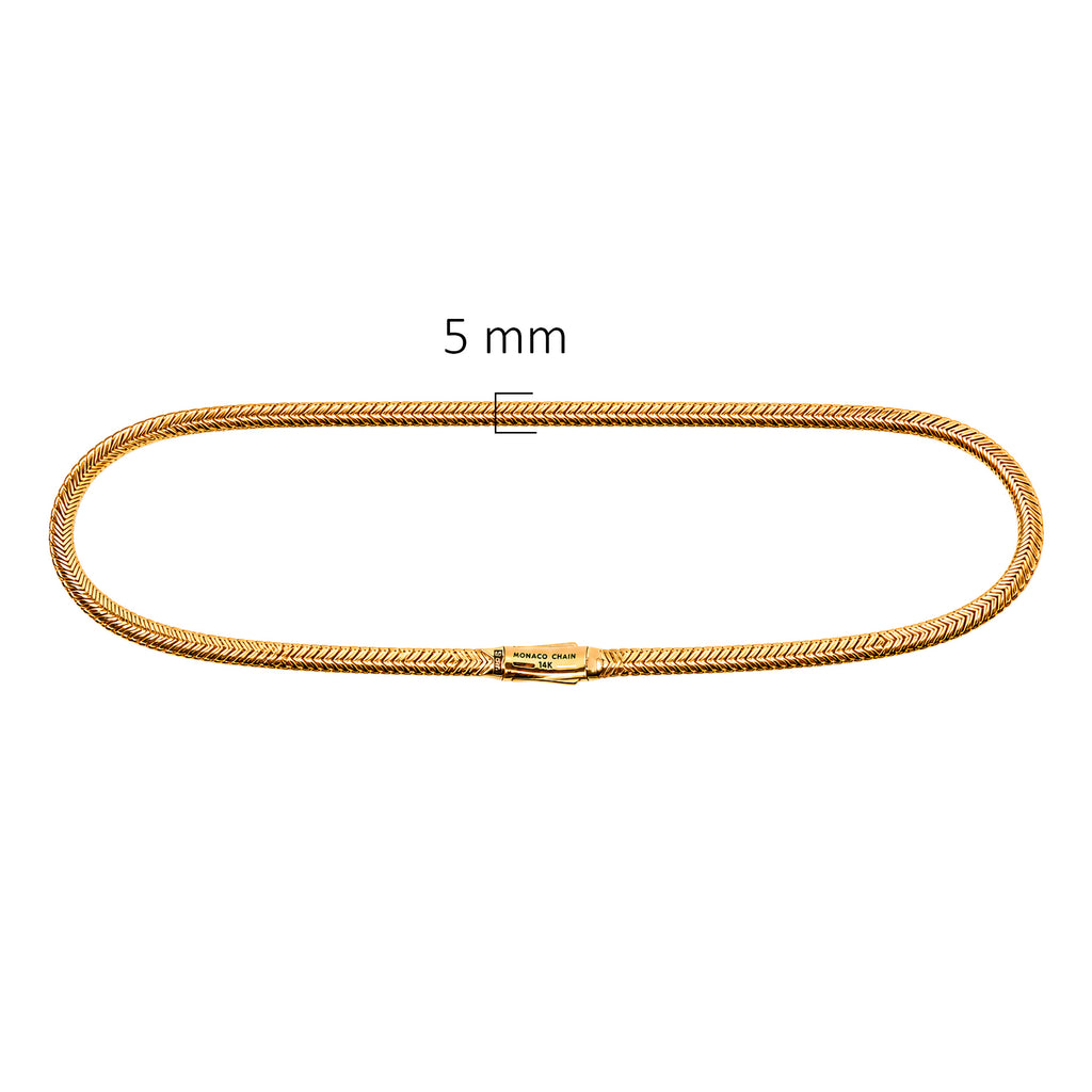 Collar Mónaco Chain Original Panza de Víbora Espiga 40 cm 5mm de grosor. Broche con Circonias, Oro 14k