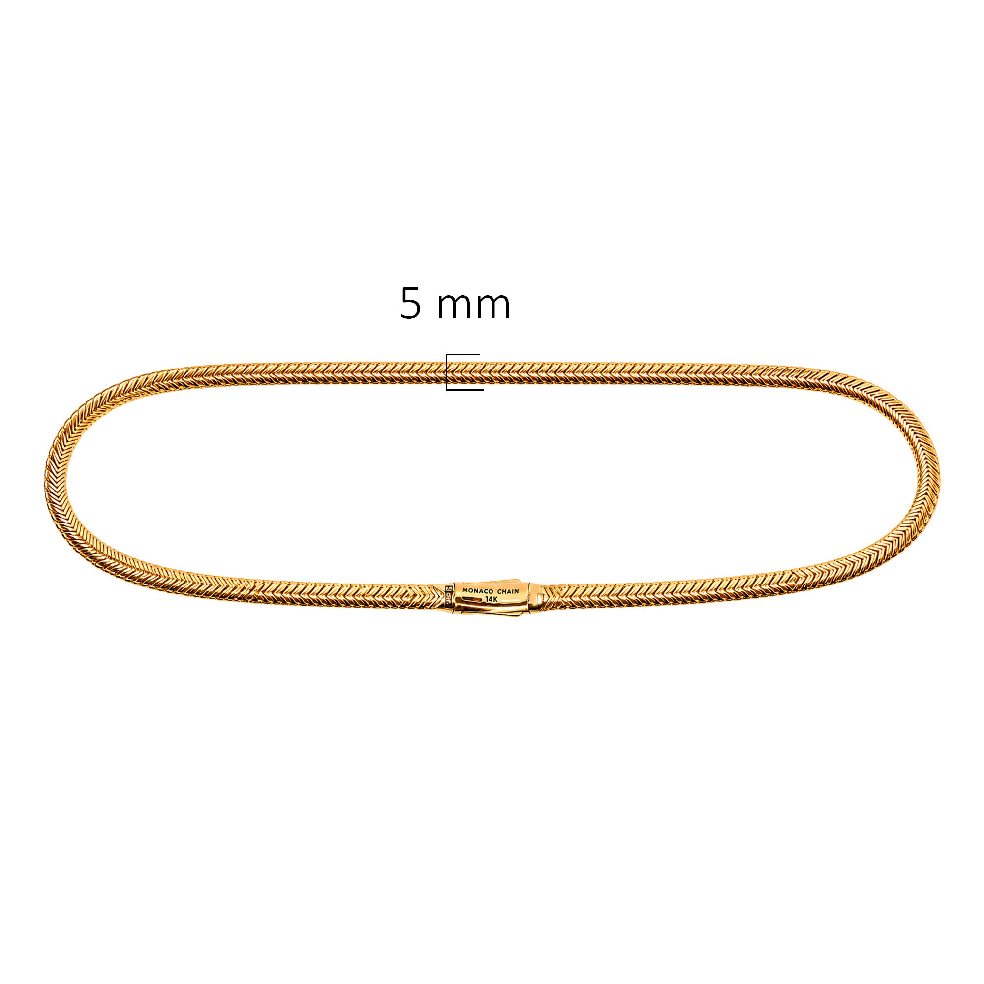 Collar Mónaco Chain Original Panza de Víbora Espiga 40 cm 5mm de grosor. Broche con Circonias, Oro 14k