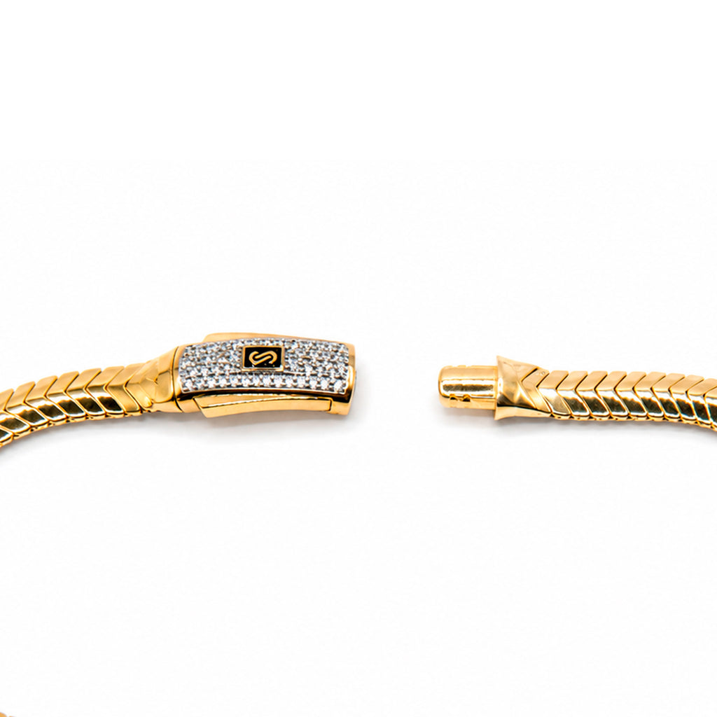Collar Mónaco Chain Original Panza de Víbora Espiga 40 cm 5mm de grosor. Broche con Circonias, Oro 14k