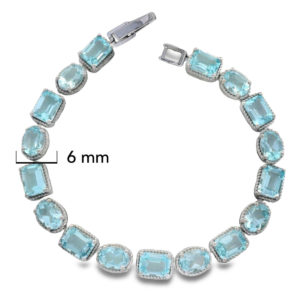 Pulsera Piedras Preciosas Óvalos y Rectángulos Aguamarina Azul,  Plata .925 con Baño de Rodio. Broche