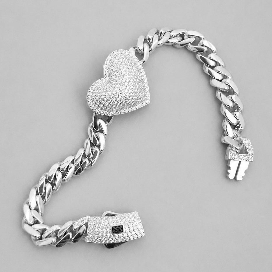 Pulsera Inspirada Mónaco 18cm Corazón Bombeado con Circonias y Cadena Cubana Plata .925 con Baño de Rodio