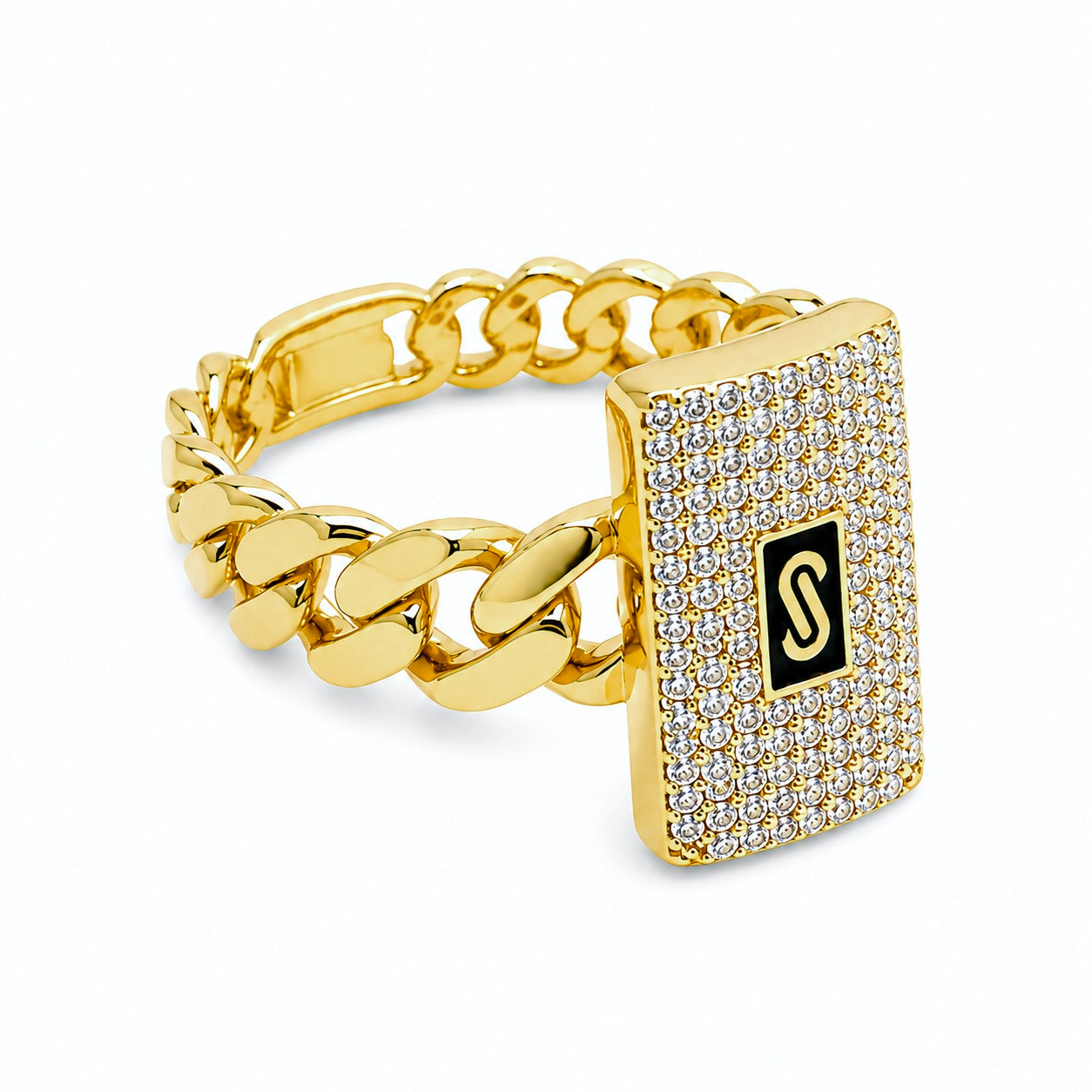 Anillo Mónaco Chain Original Cadena Cubana con Rectángulo Circonias, Oro 14K