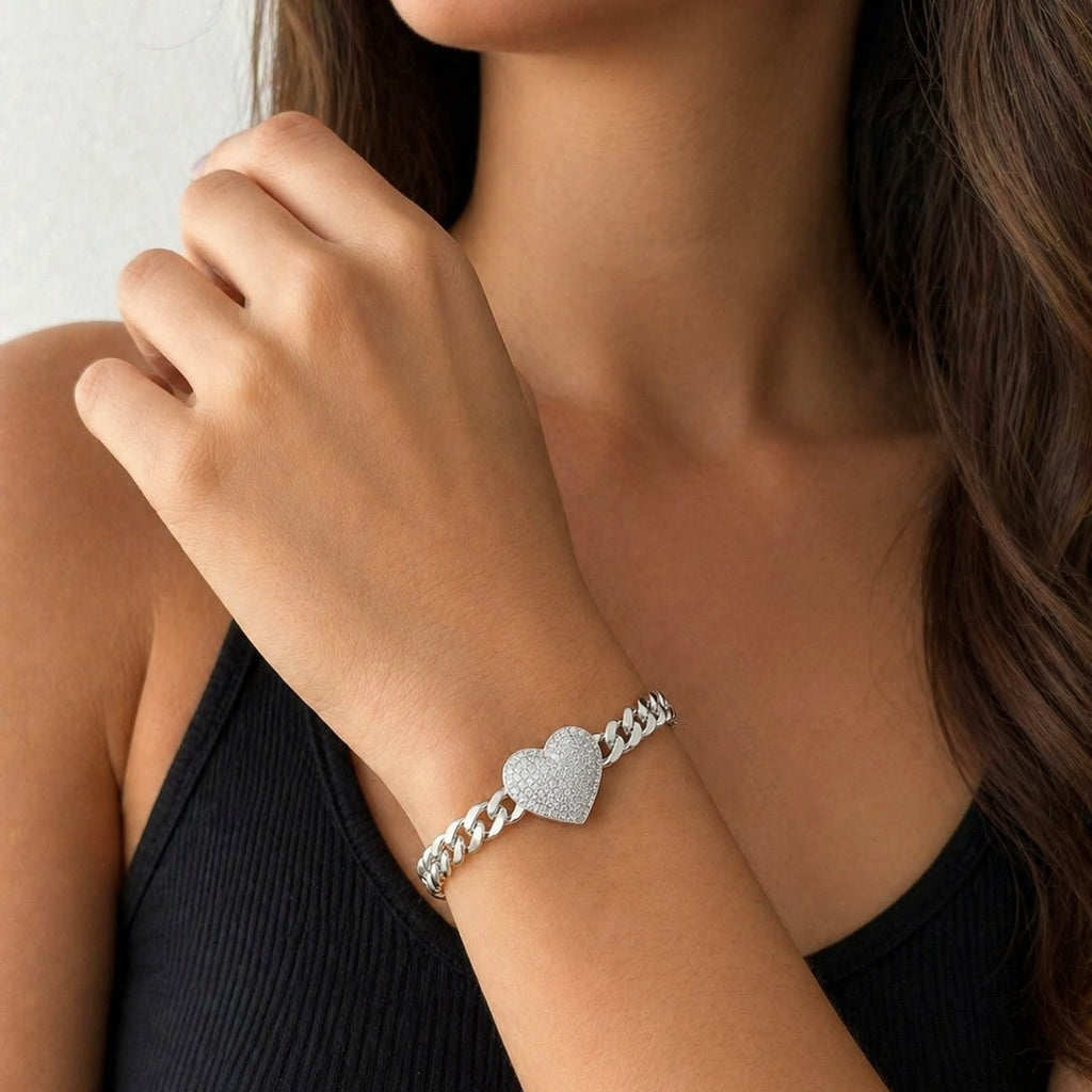 Pulsera Inspirada Mónaco 18cm Corazón Bombeado con Circonias y Cadena Cubana Plata .925 con Baño de Rodio