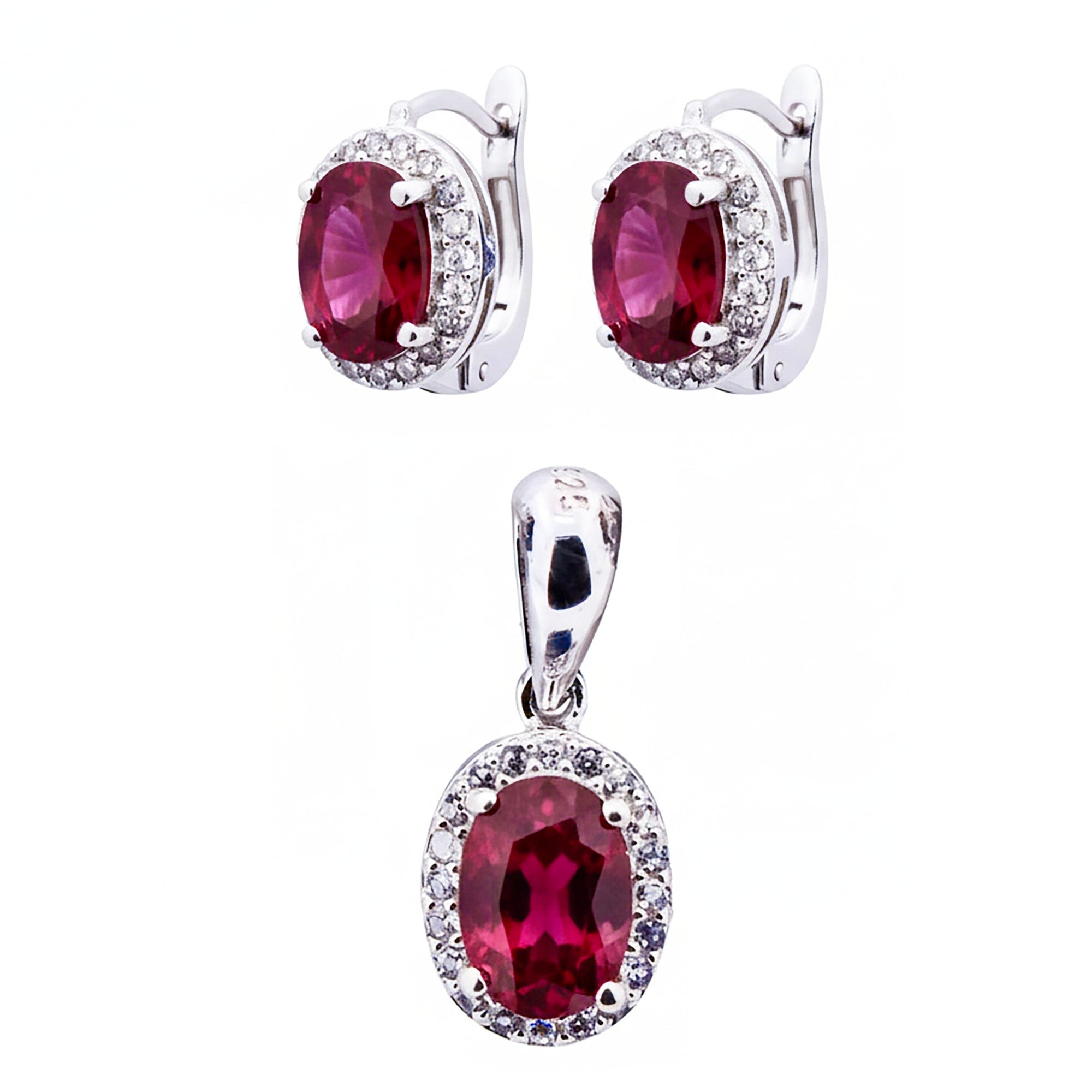 Juego Piedras Preciosas Rubí Aretes y Dije Ovalados, Plata .925 con Baño de Rodio