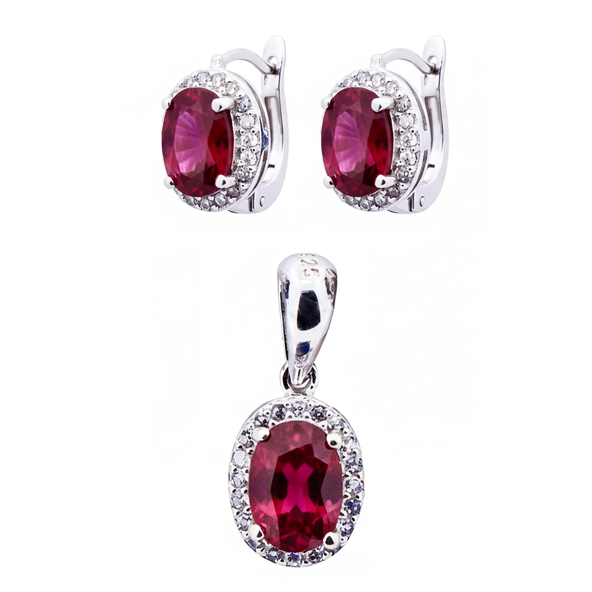 Juego Piedras Preciosas Rubí Aretes y Dije Ovalados, Plata .925 con Baño de Rodio