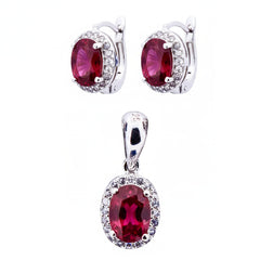 Juego Piedras Preciosas Rubí Aretes y Dije Ovalados, Plata .925 con Baño de Rodio