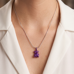 Dije Oso 1:1 Bombeado Macizo Bañado en Esmalte Morado , Plata 925