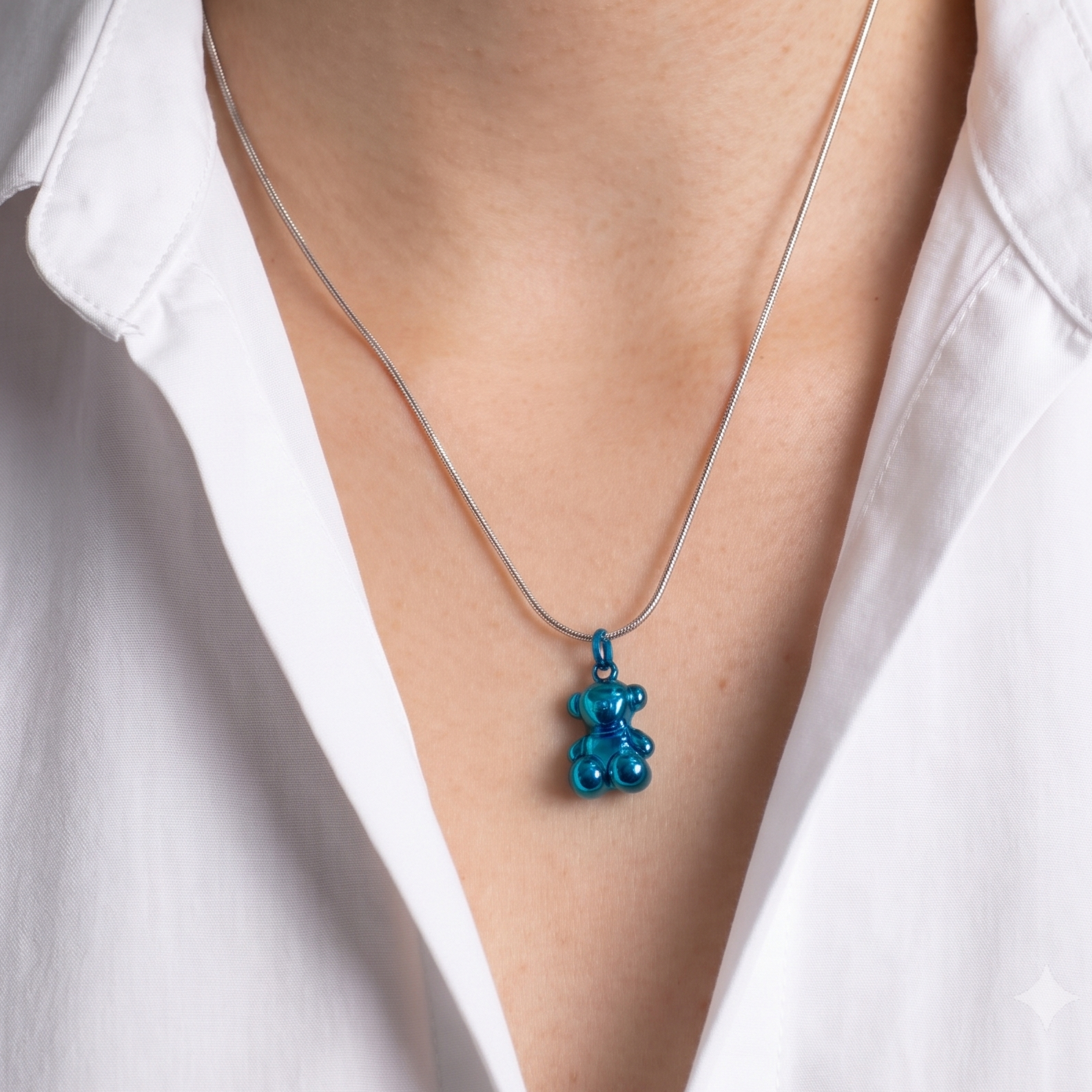 Dije Oso 1:1 Bombeado Macizo Bañado en Esmalte Azul Turquesa, Plata 925