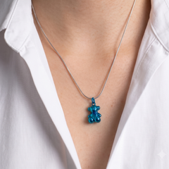 Dije Oso 1:1 Bombeado Macizo Bañado en Esmalte Azul Turquesa, Plata 925