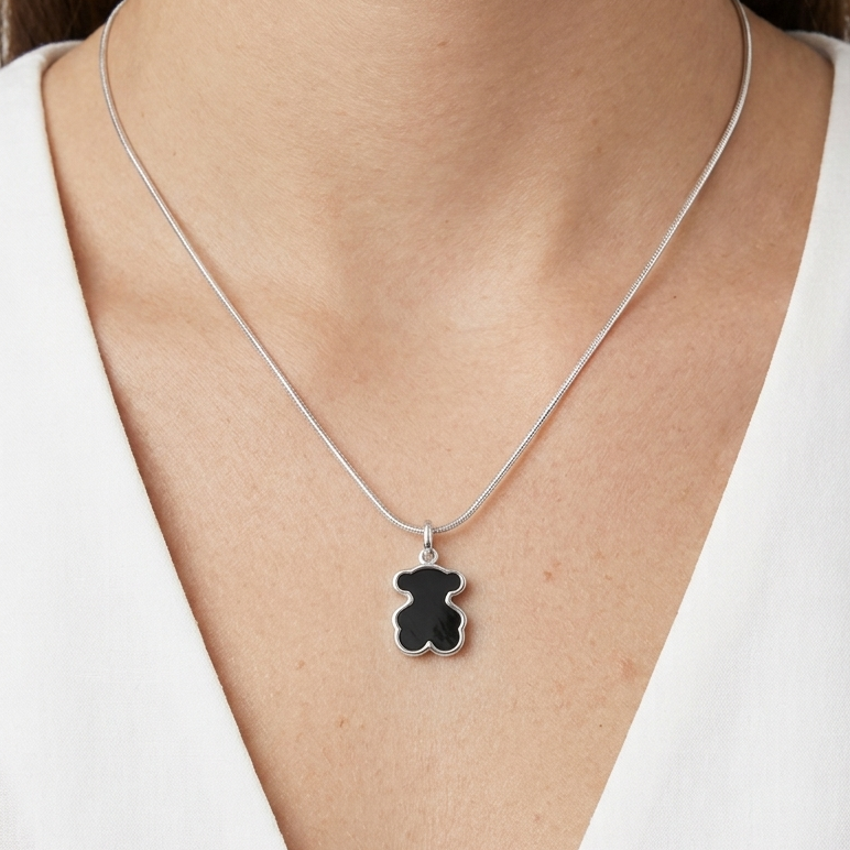 Dije Inspirado Oso 1:1 Onix 2 cm Plata .925 con Rodio