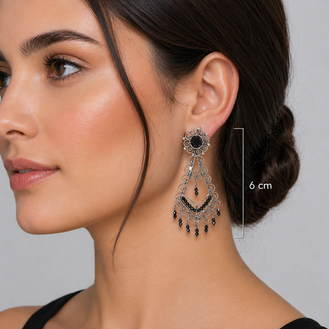 Aretes Filigrana Rombo 6 cm Flor Circonia y Piedra Onix Hecho a Mano Plata .925 Oxidada