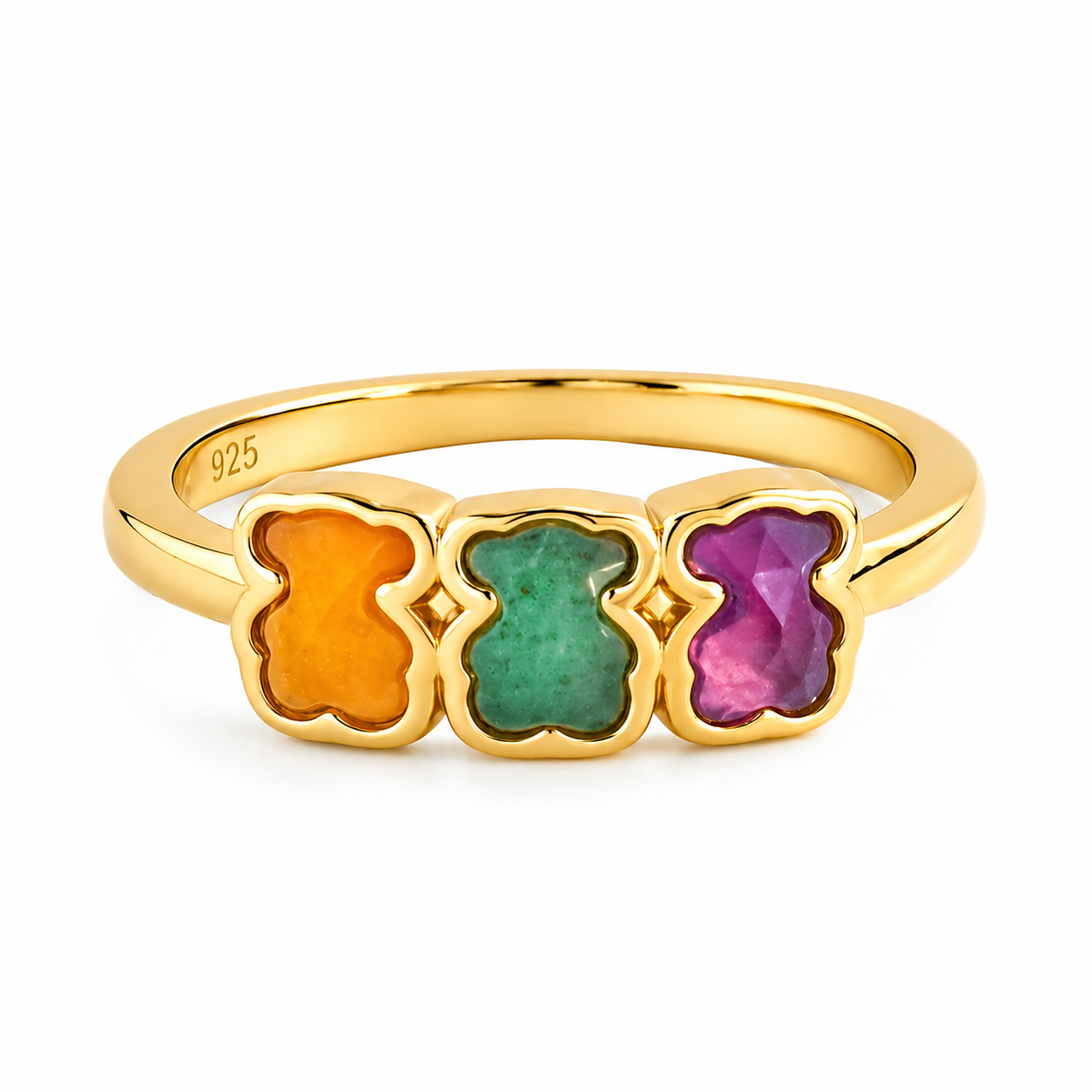 Anillo Triple Osos 1:1 Piedras Naturales Ágatas, Plata .925 con Baño de Oro 18k