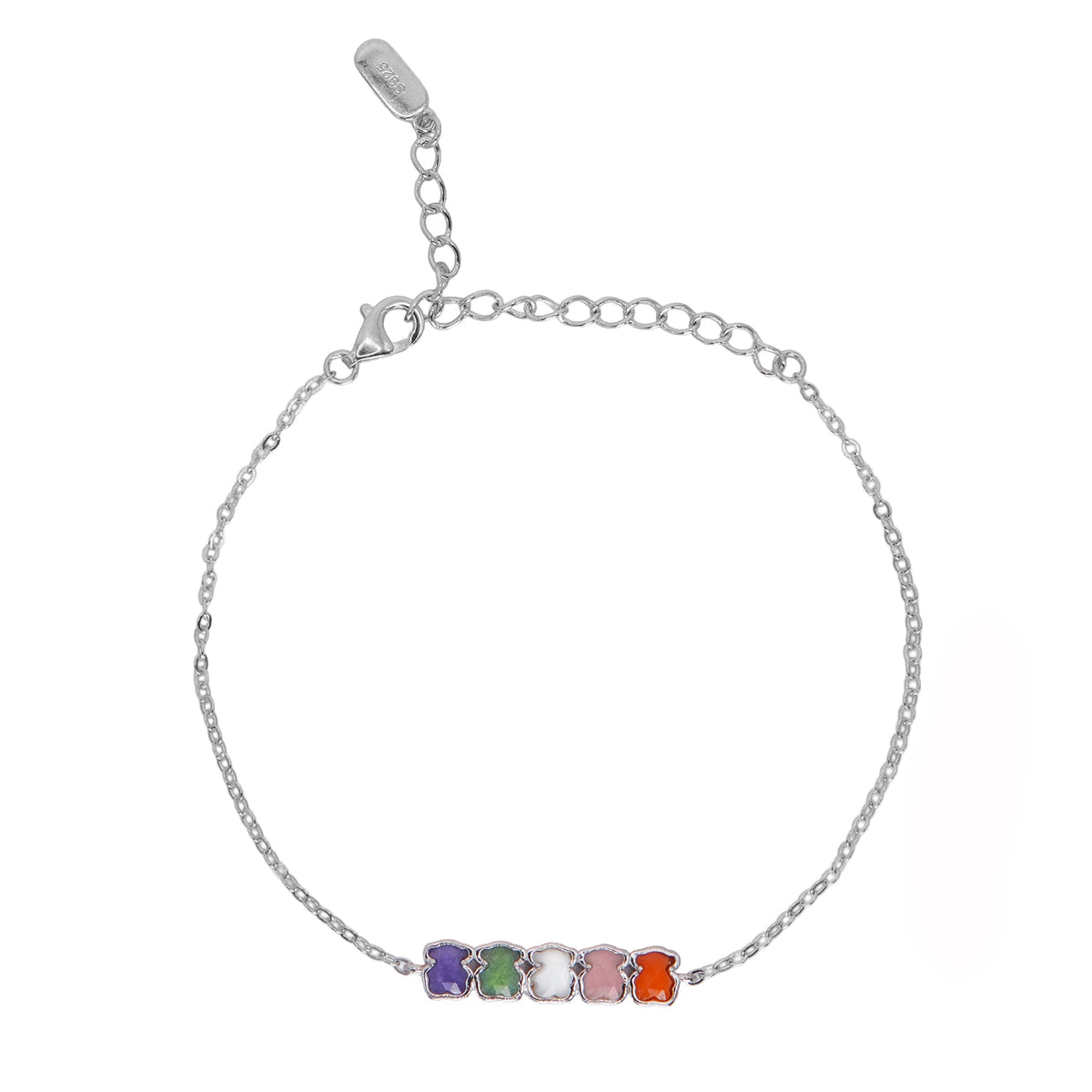 Pulsera 5 Osos 1:1 Piedras Naturales Ágatas y Madre Perla, Cuarzo Rosa, Amatista Plata .925 con Rodio