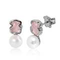 Broquel Inspirado Osos 1:1 Doble Piedra Cuarzo Rosa y Perla de Río Plata .925 con Baño de Rodio