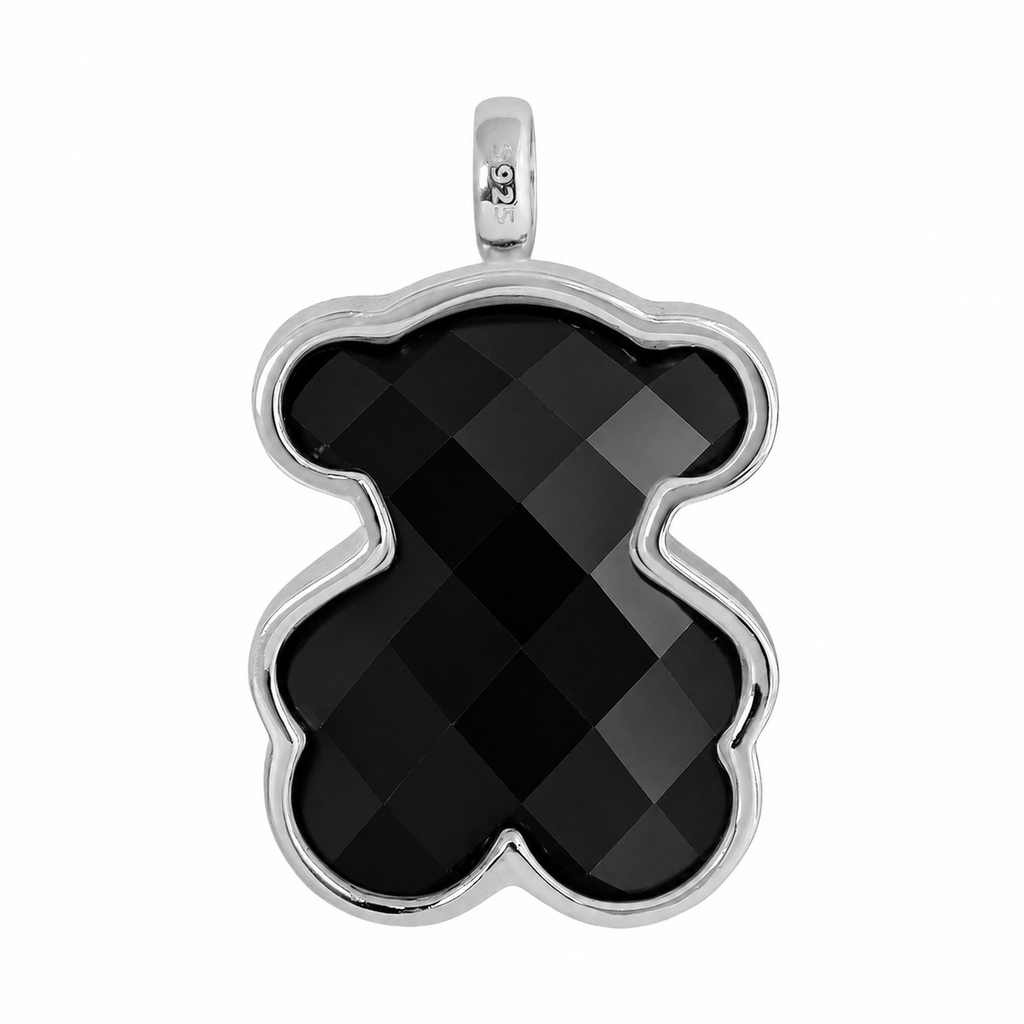 Dije Inspirado Oso 1:1 Onix Facetado Maxi Grande Plata .925 con Baño de Rodio