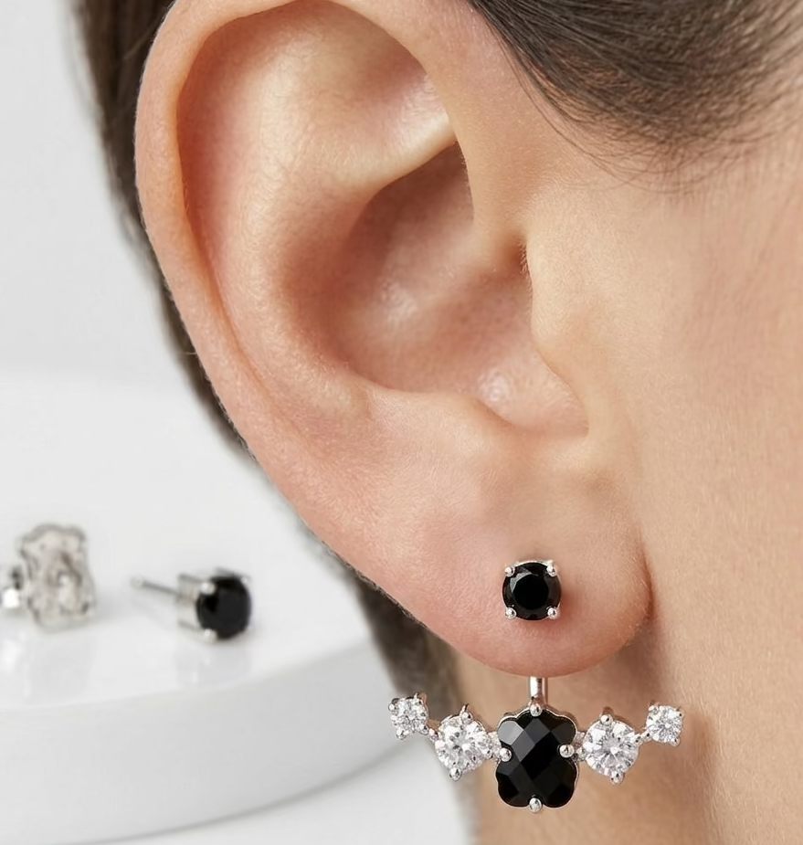 Arete Osos 1.1 Ónix Y Circonias, Doble Uso. Plata 925 Con Baño de Rodio