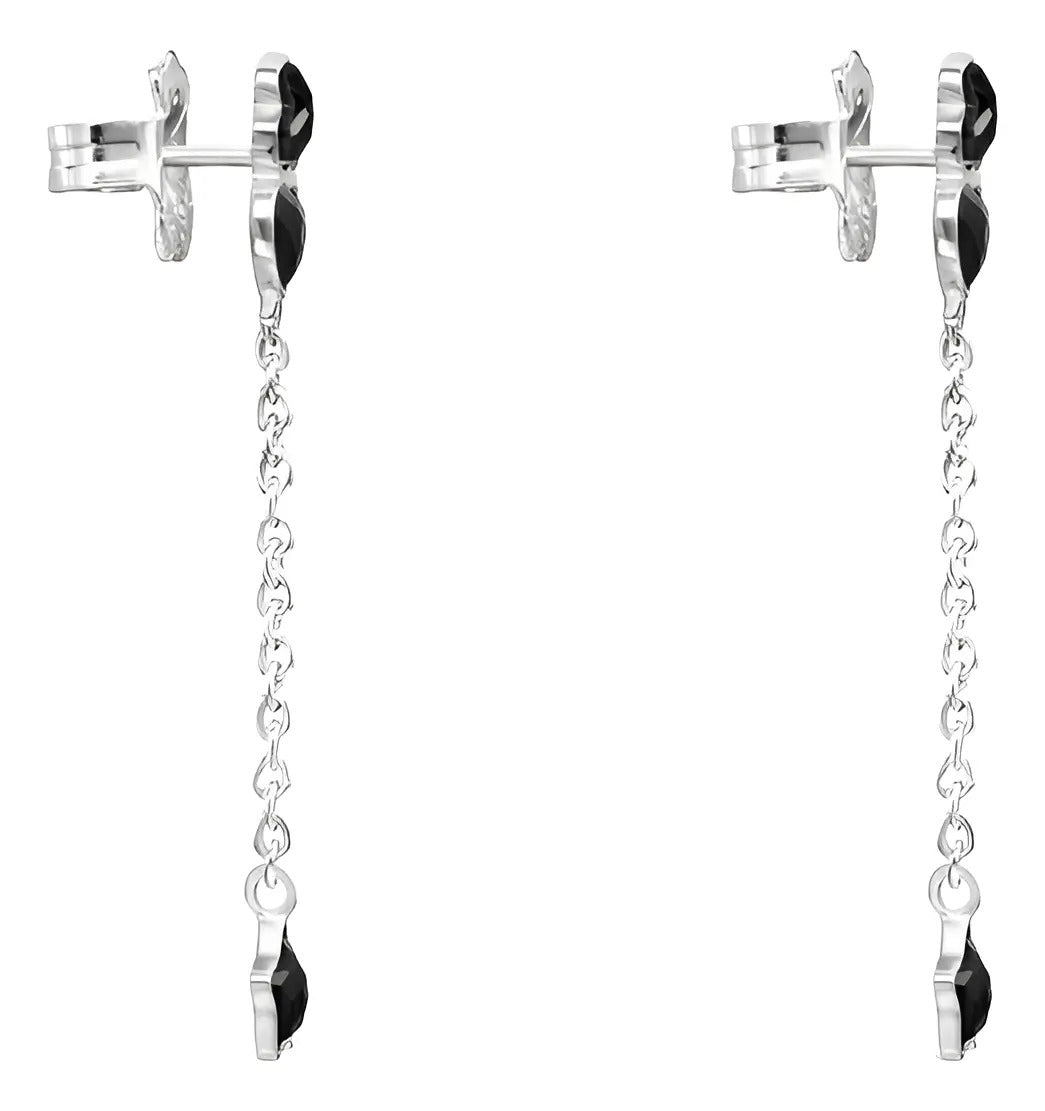 Arete Largos Osos 1.1 Con Corazón y Estrellas Piedra Onix, Plata 925 Con Baño de Rodio