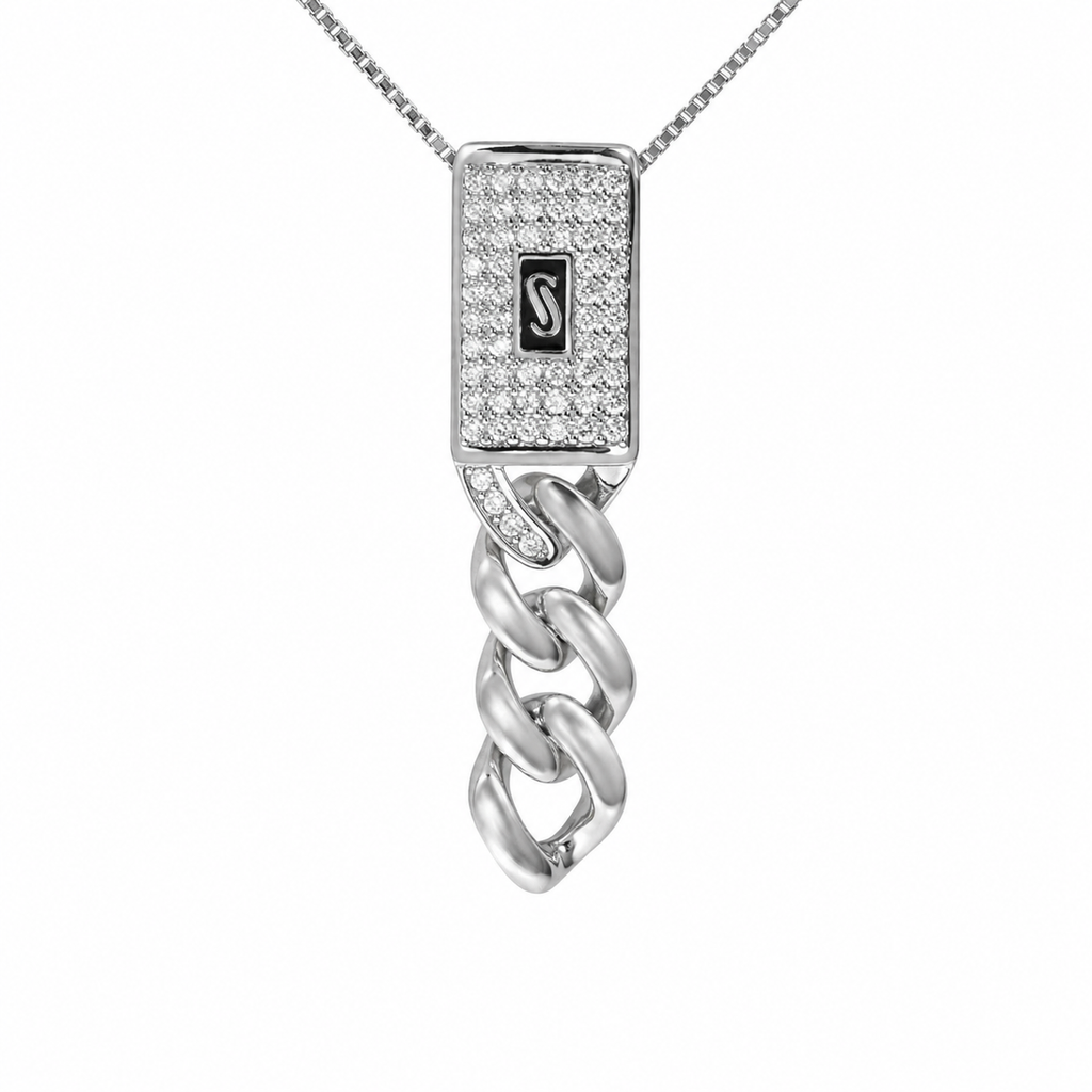 Collar Corbatero Inspirado Mónaco 45 cm con Dije Vertical Circonias, Cadena Box Plata .925 con Baño de Rodio