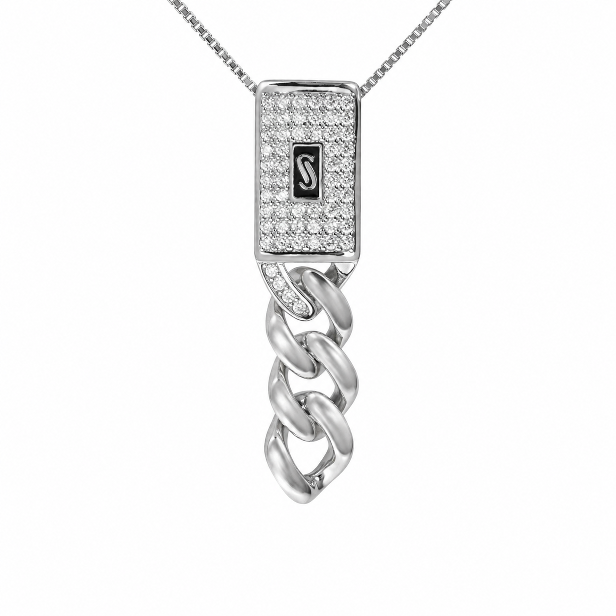 Collar Corbatero Inspirado Mónaco 45 cm con Dije Vertical Circonias, Cadena Box Plata .925 con Baño de Rodio