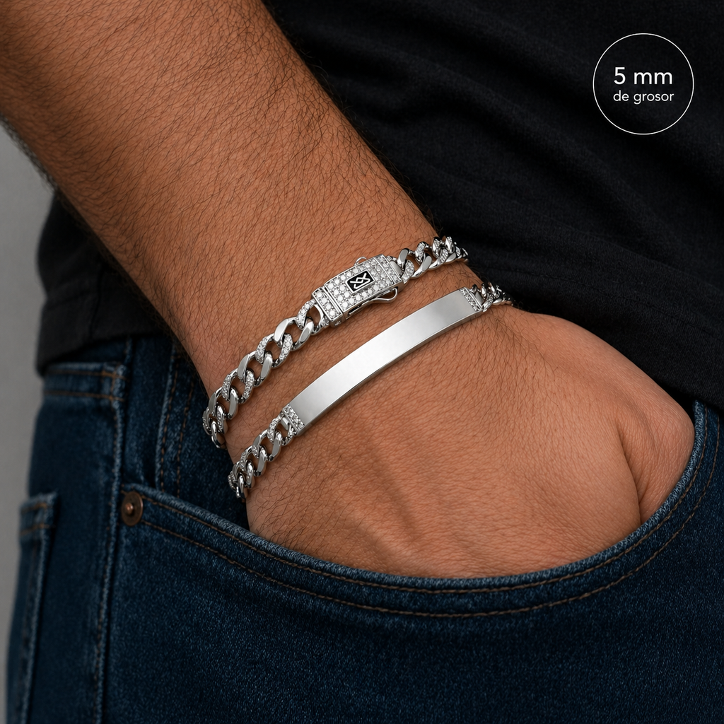 Esclava Inspirada Mónaco 5mm Cadena Cubana un Eslabón Liso y un Eslabón con Circonias Plata .925