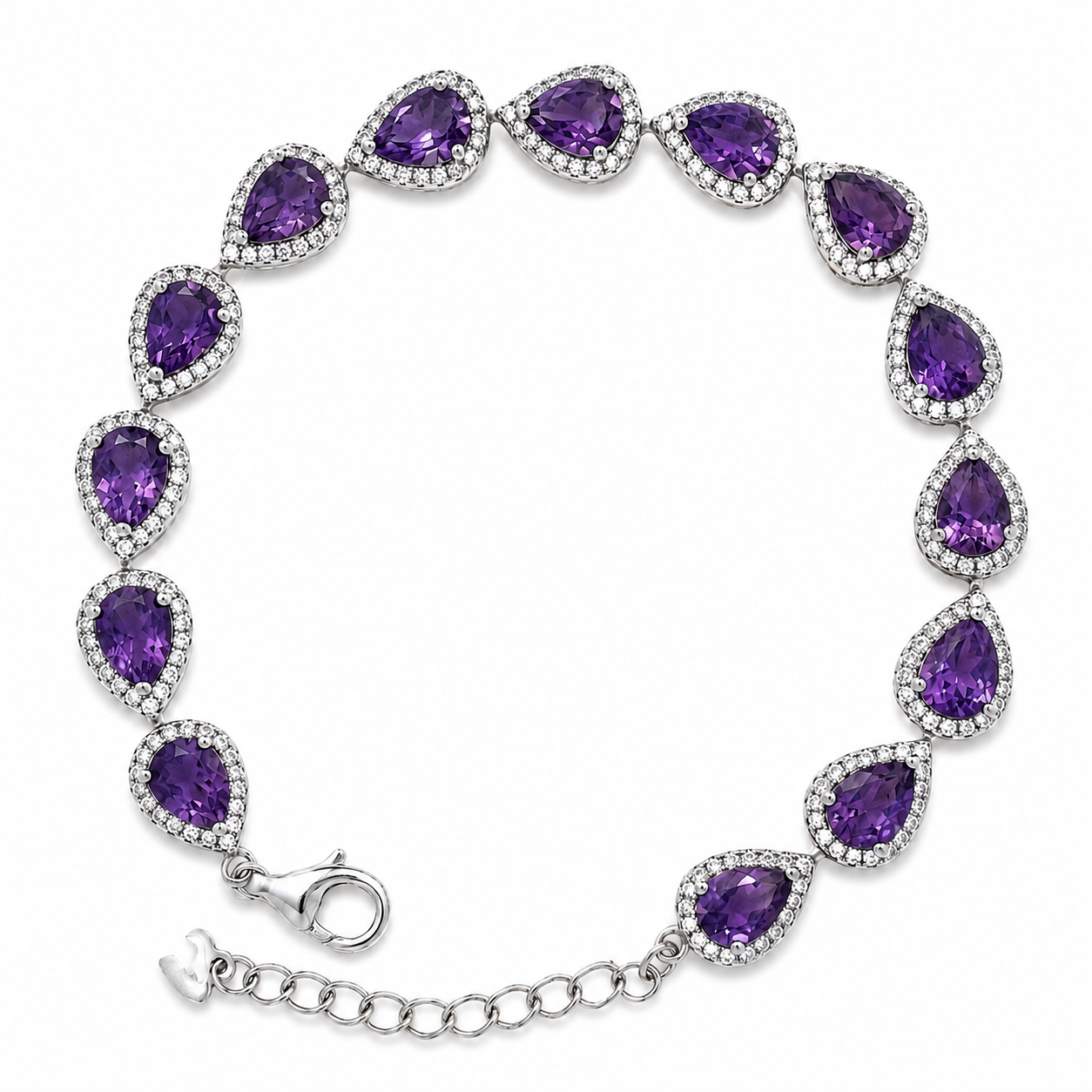 Pulsera Piedra Preciosa Gota Amatista con Circonias Plata .925 con Baño de Rodio