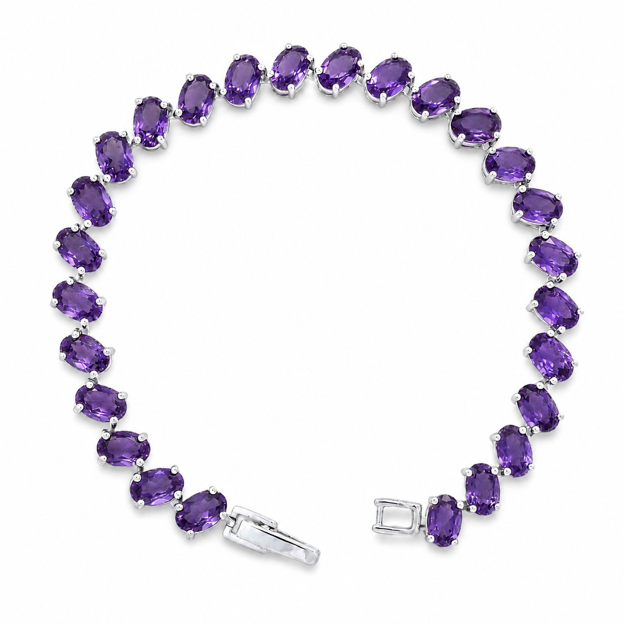 Pulsera Piedra Preciosa Amatista Ovalo con Broche Plata .925 con Baño de Rodio