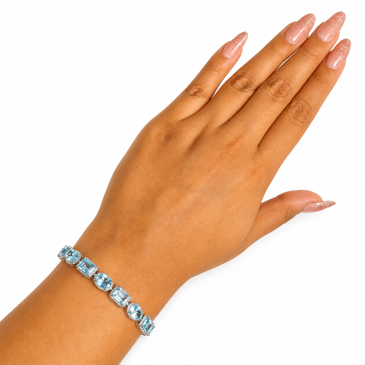 Pulsera Piedra Preciosa Topacio Azul Rectángulos, Plata .925 con Baño de Rodio. Broche