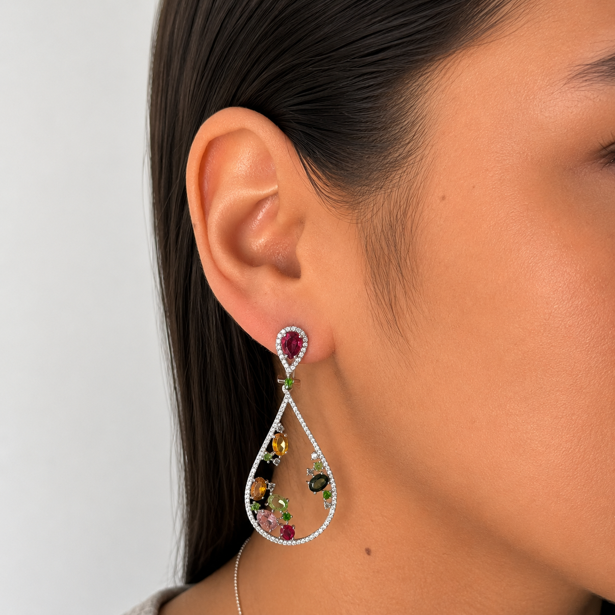 Aretes de Gota Piedras Preciosas, Turmalina, Citrino, Amatista, Agua Marina Plata .925 con Baño de Rodio