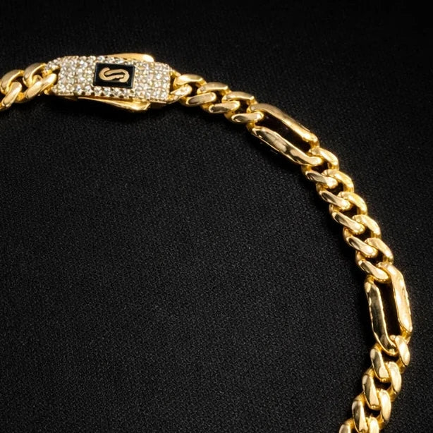 Pulsera Mónaco Chain Original Figaro Cartier Liso, tipo Cartier 5mm, 21 cm. Broche Circonias. Oro 14k