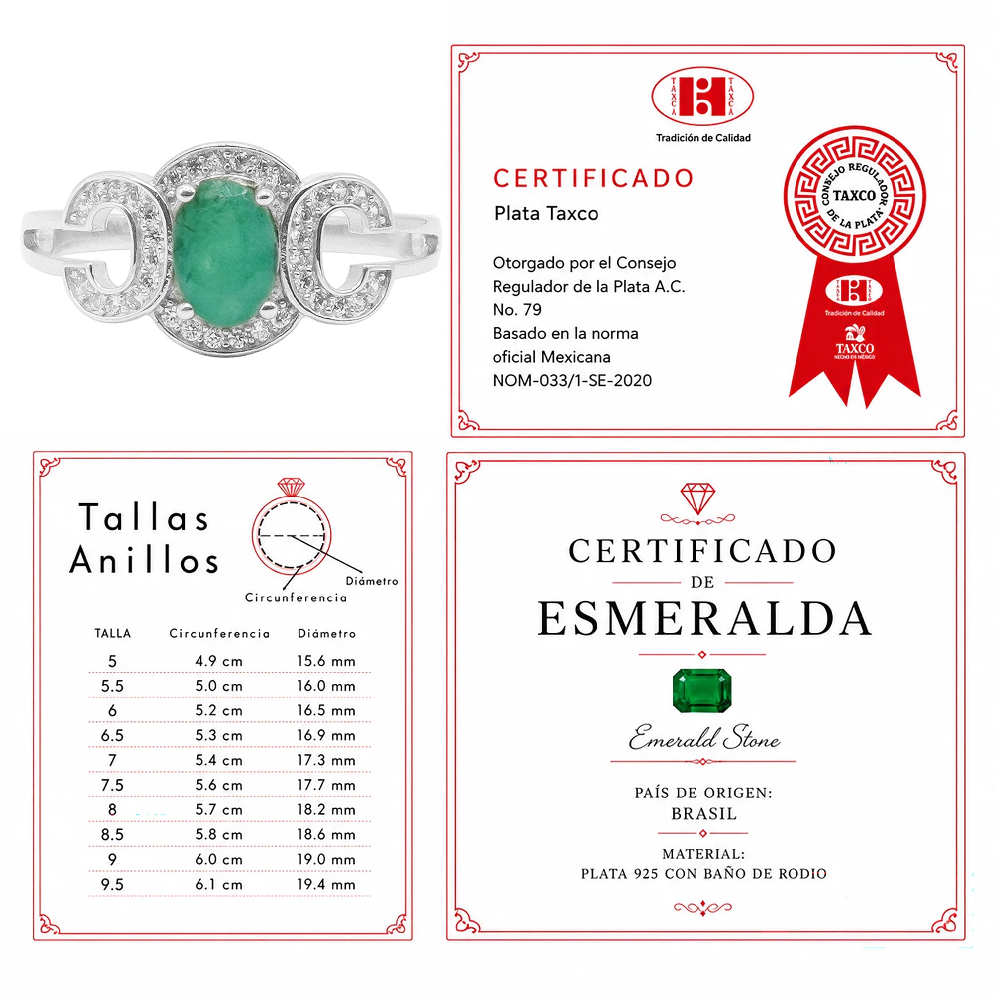 Anillo Piedras Preciosas Esmeralda con Circonias CC, Plata .925 con Baño de Rodio