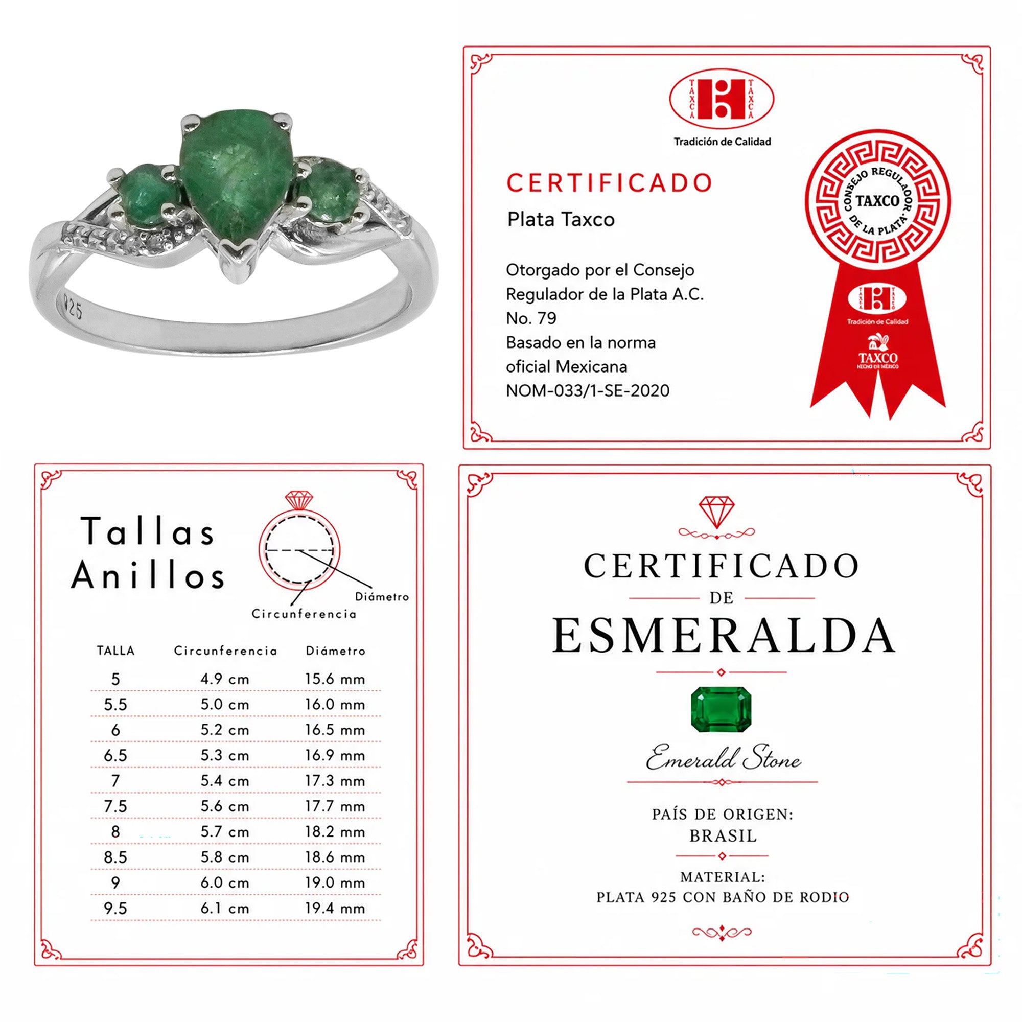 Anillo Piedra Preciosa Esmeraldas Gota y Circulares, Plata .925 con Baño de Rodio