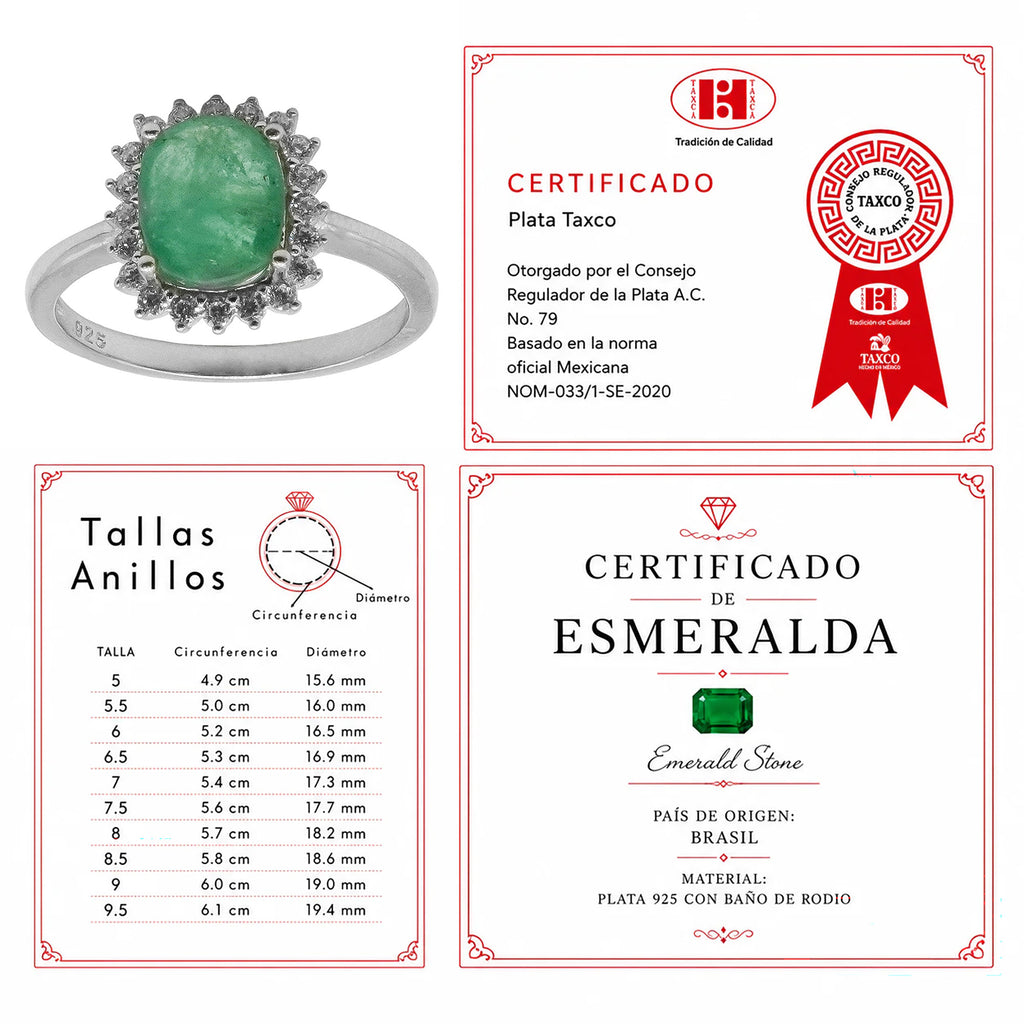 Anillo Piedras Preciosas Flor Esmeralda Ovalada con Circonias, Plata .925 con Baño de Rodio