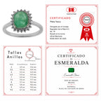 Anillo Piedras Preciosas Flor Esmeralda Ovalada con Circonias, Plata .925 con Baño de Rodio