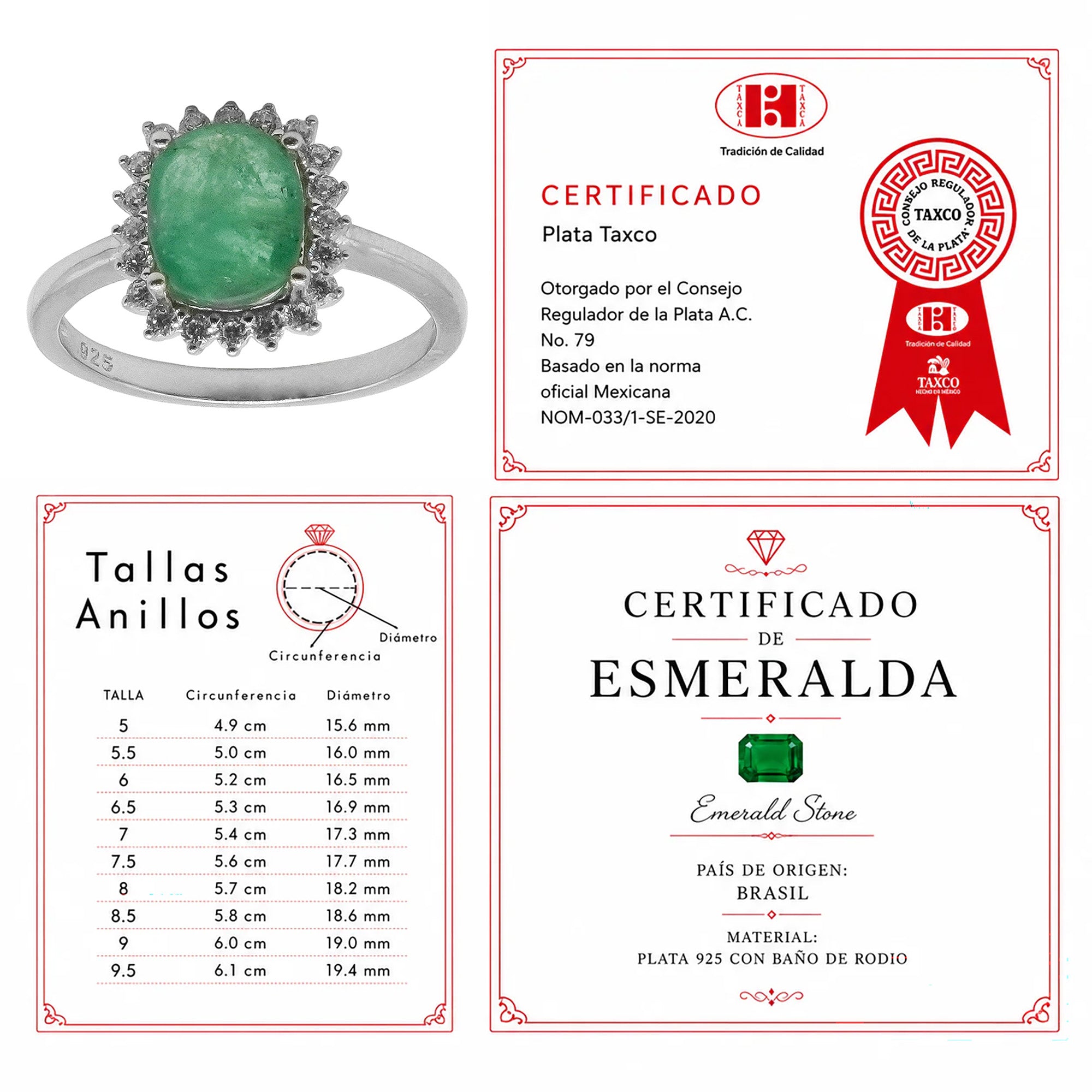 Anillo Piedras Preciosas Flor Esmeralda Ovalada con Circonias, Plata .925 con Baño de Rodio