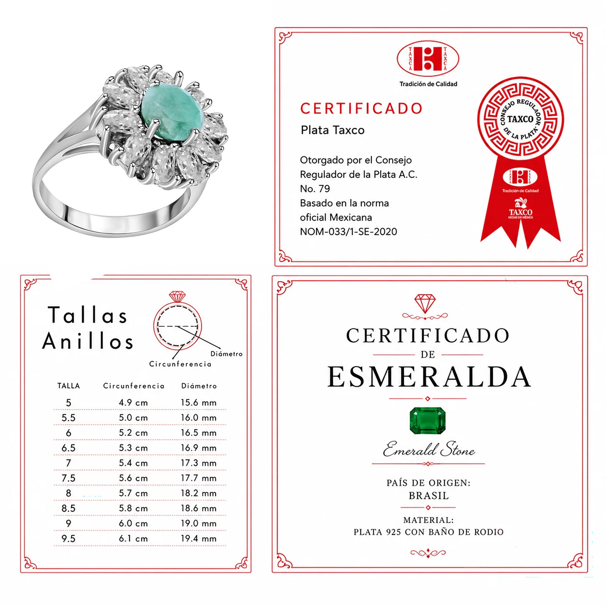 Anillo Piedras Preciosas Flor Grande de Esmeralda con Circonias, Plata .925 con Baño de Rodio