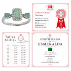 Anillo Piedras Preciosas Esmeralda Rectangular con Circonias y 2 Esmeraldas en Gota, Plata .925 con Baño de Rodio