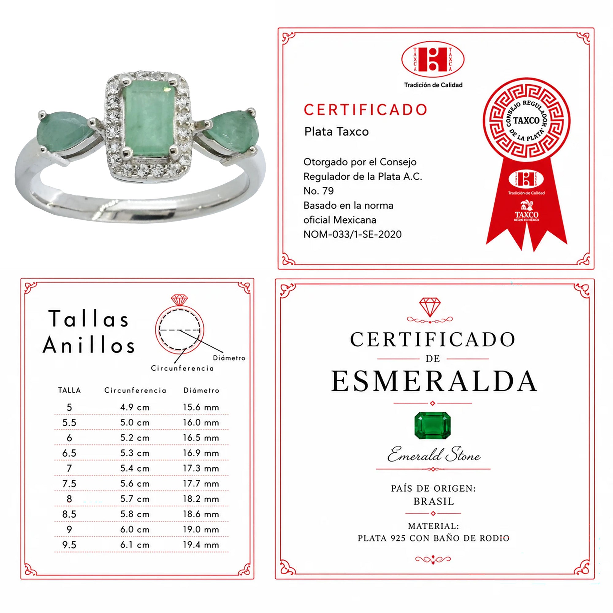 Anillo Piedras Preciosas Esmeralda Rectangular con Circonias y 2 Esmeraldas en Gota, Plata .925 con Baño de Rodio