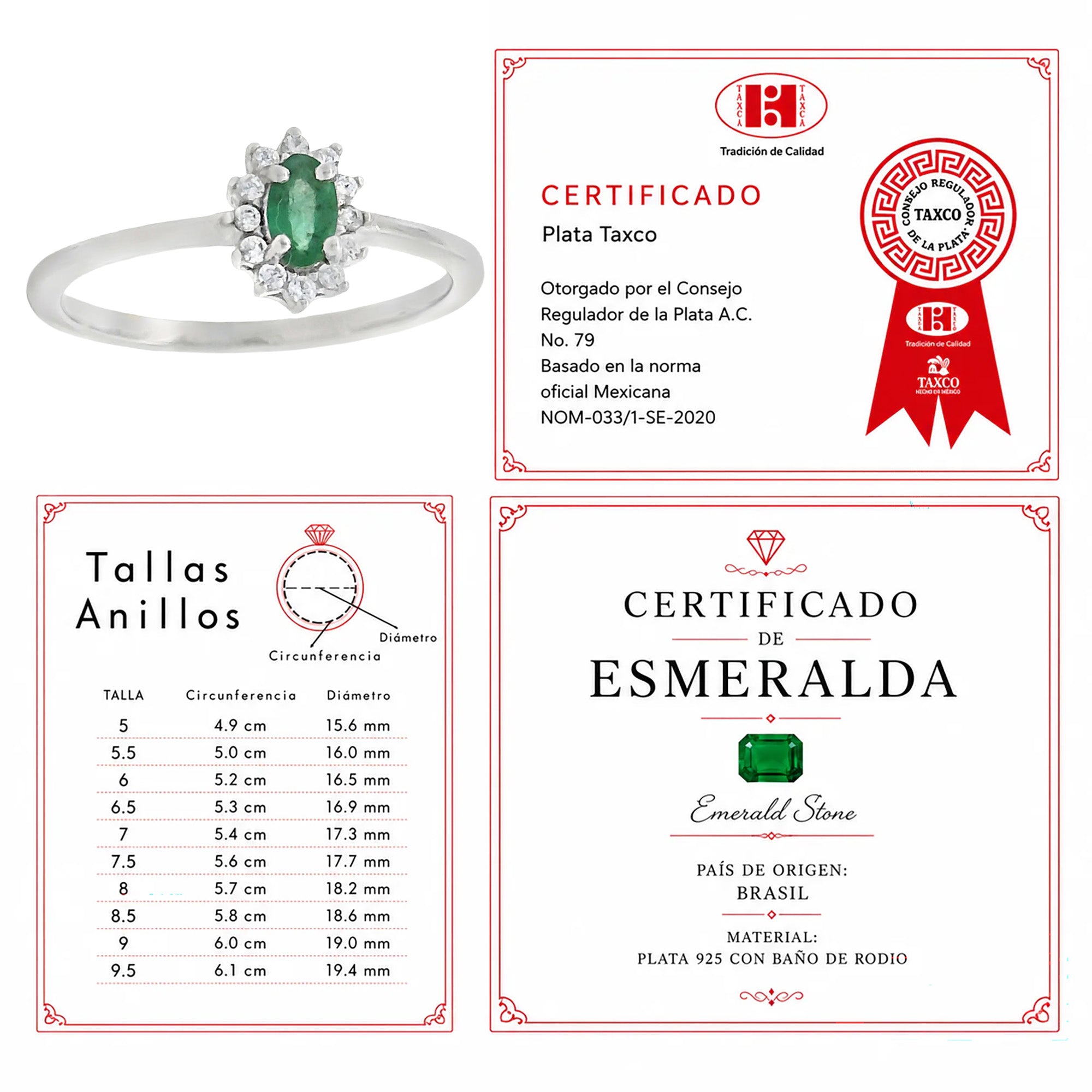 Anillo Piedras Preciosas Flor de Esmeralda Chica con Circonias, Plata .925 con Baño de Rodio