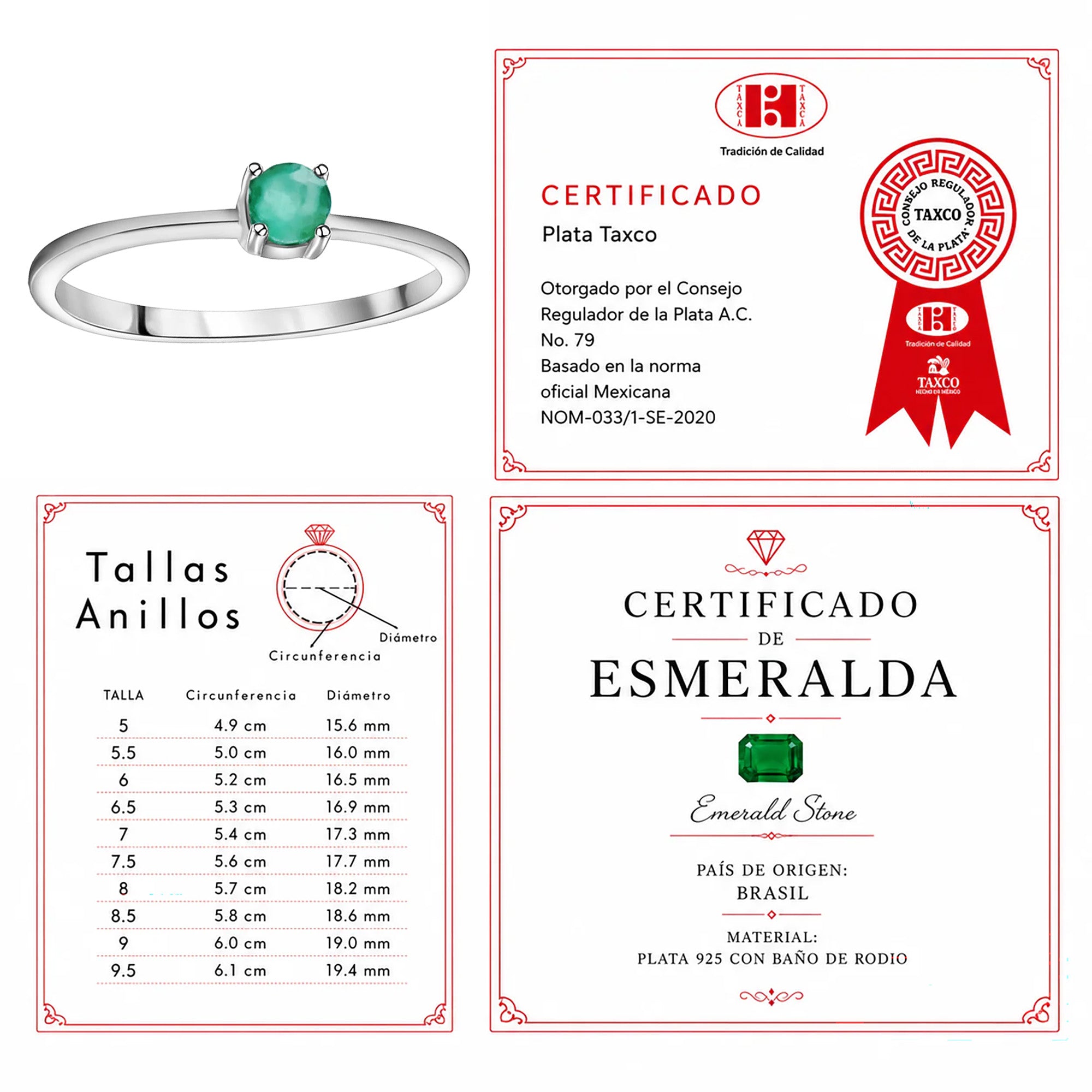 Anillo Piedras Preciosas Esmeralda Chica Circular, Plata .925 con Baño de Rodio