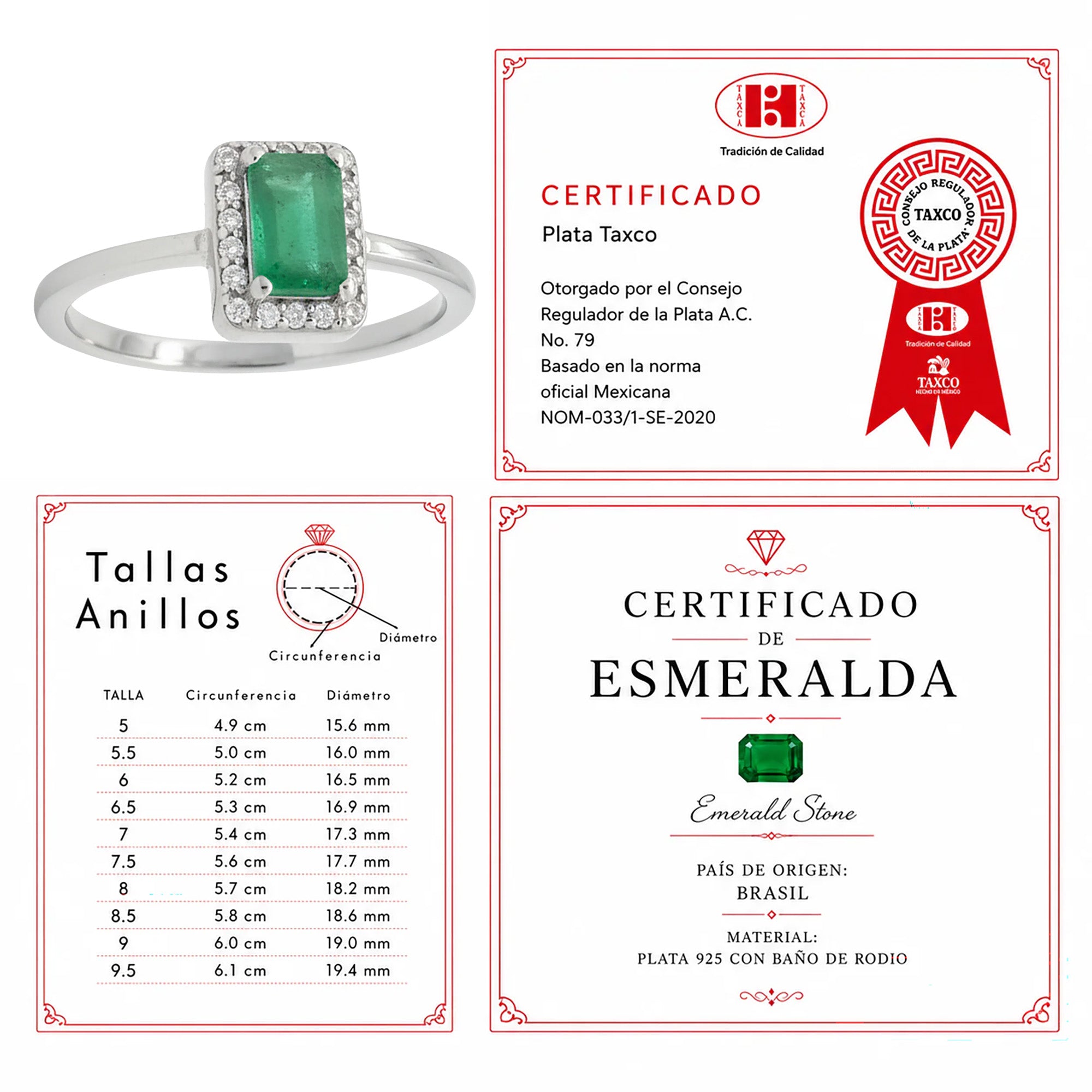 Anillo Piedras Preciosas Esmeralda Rectangular con Circonias, Plata .925 con Baño de Rodio