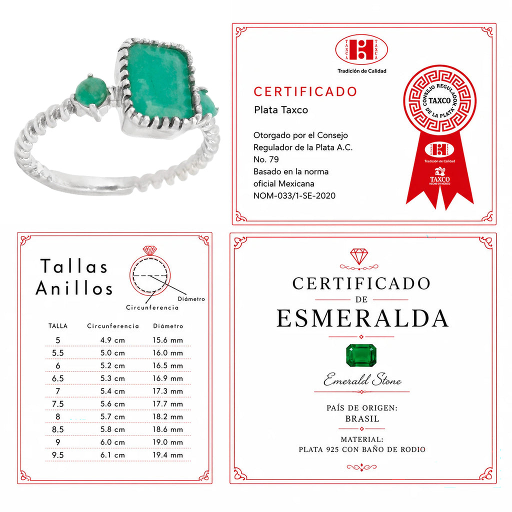 Anillo Piedras Preciosas Esmeraldas y Anillo en Espiral, Plata .925 con Baño de Rodio