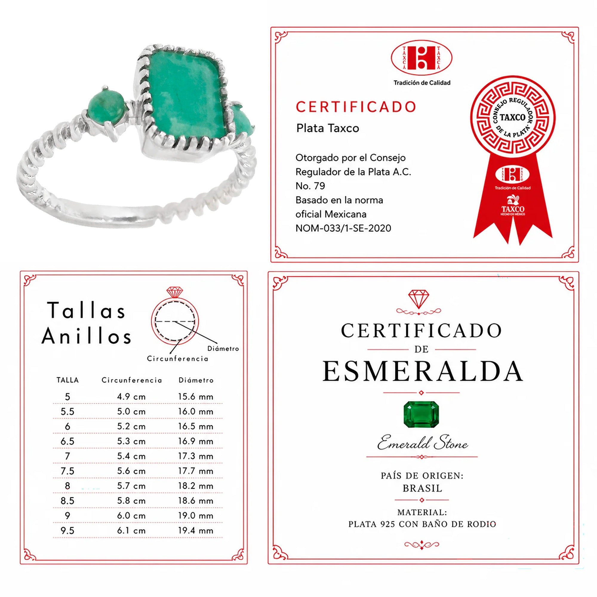 Anillo Piedras Preciosas Esmeraldas y Anillo en Espiral, Plata .925 con Baño de Rodio