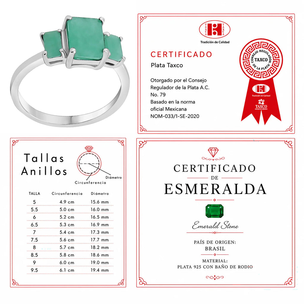 Anillo Piedras Preciosas Esmeraldas Rectangulares en Disminución, Plata .925 con Baño de Rodio