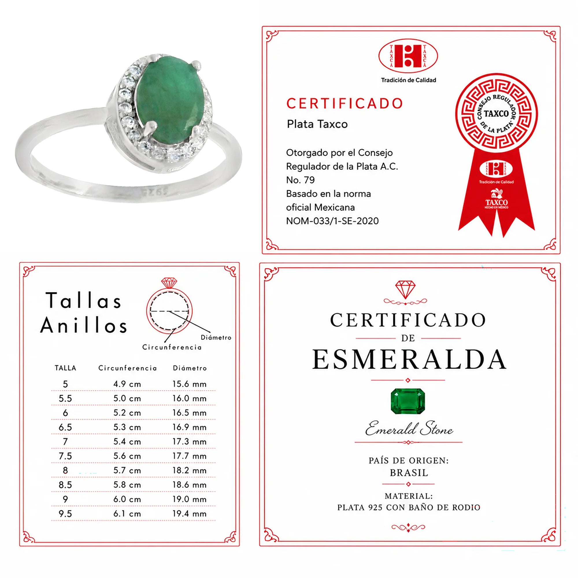 Anillo Piedra Preciosa Esmeralda Ovalada con Circonias, Plata .925 con Baño de Rodio
