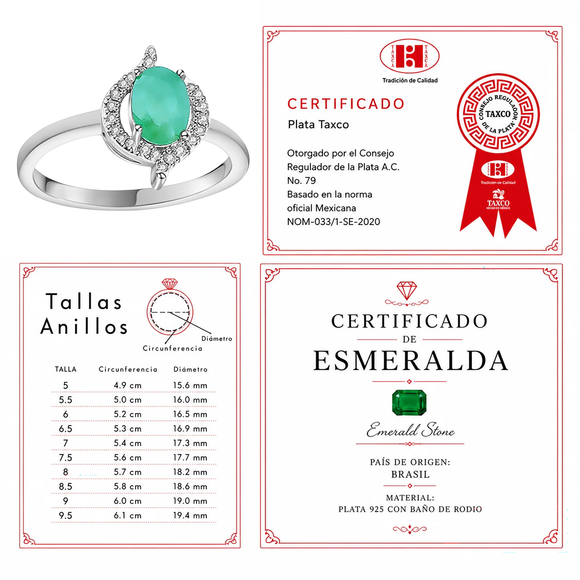 Anillo Piedra Preciosa Esmeralda Ojo con Circonias, Plata .925 con Baño de Rodio