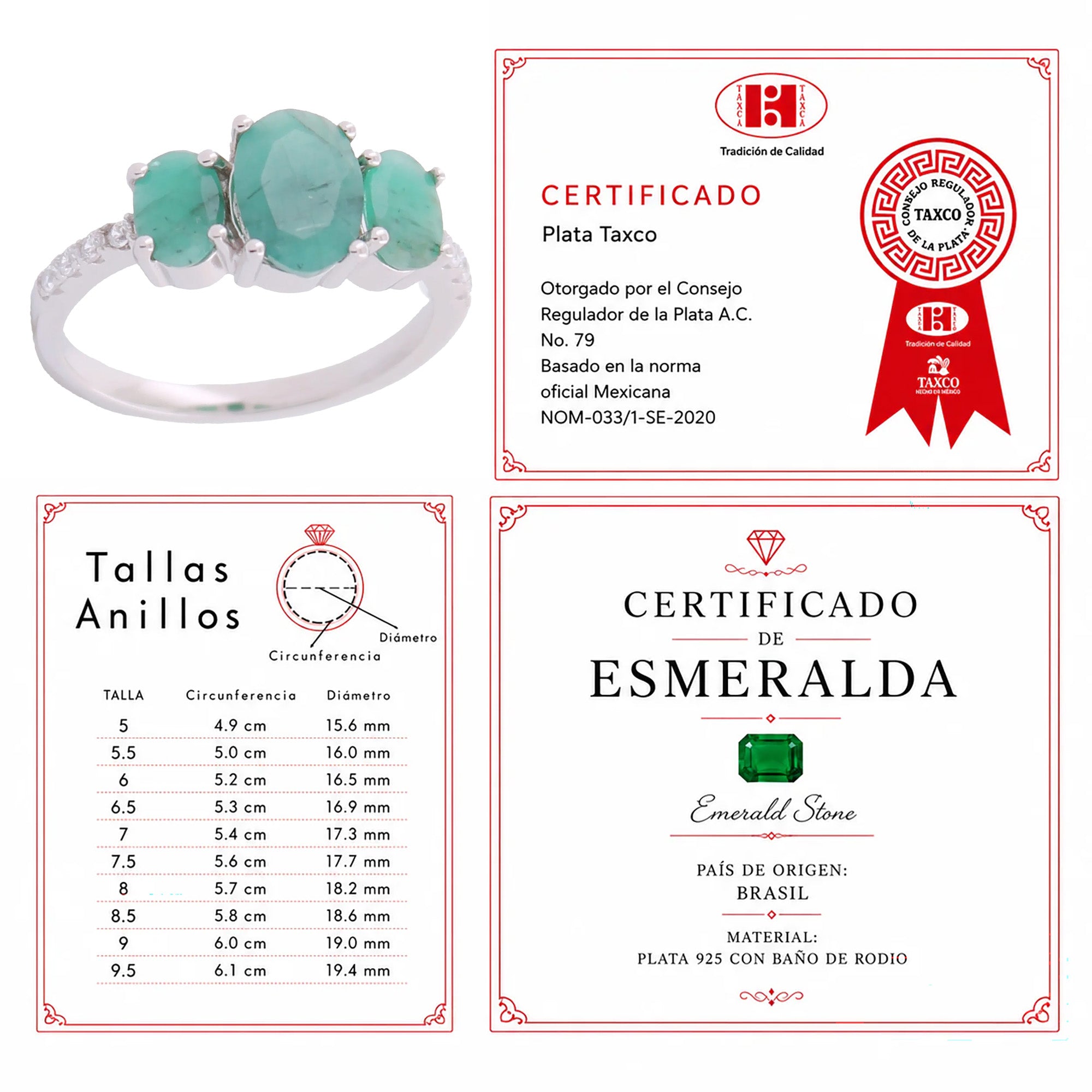 Anillo Piedra Preciosa Esmeraldas en Disminución y Circonias, Plata .925 con Baño de Rodio