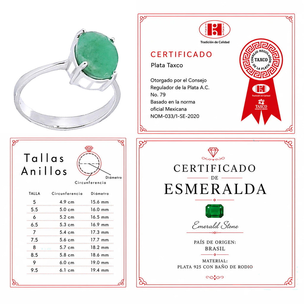 Anillo Piedra Preciosa Esmeralda Grande, Plata .925 con Baño de Rodio